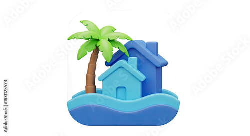 3D Icon: Houses and Palm Tree on Wavy Water