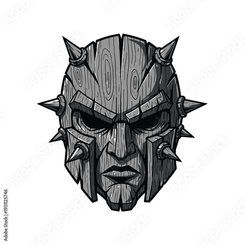 Spiked Wooden Warrior Mask Illustration: Ancient Tribal Fantasy Helmet Design