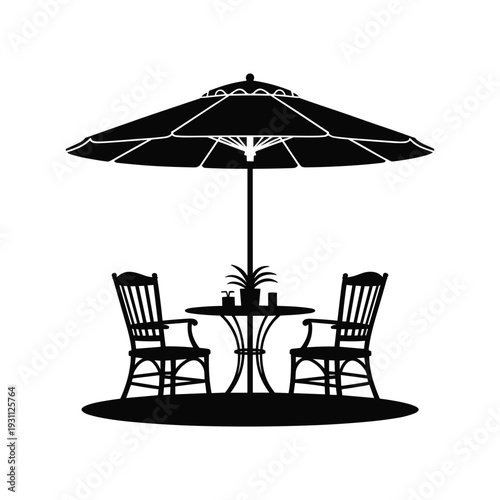 Cozy outdoor seating area with umbrella and two chairs