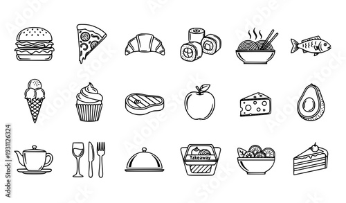 Food and Restaurant Line Icon Set with Fast Food, Desserts, Fruits, Meals, and Tableware Symbols for Menus, Mobile Apps, Websites, and Vector Design