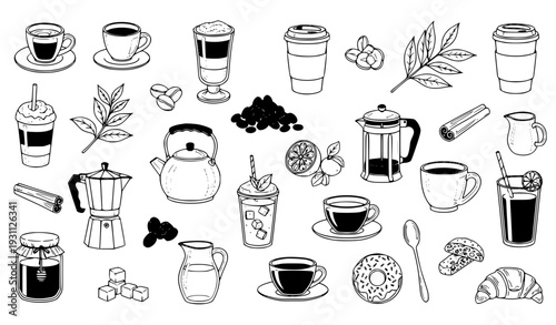 Coffee and Tea Line Icon Set with Cups, Beans, Kettles, Makers, Leaves, Desserts, and Cafe Accessories for Beverage Menus, Branding, Apps, and Vector Design