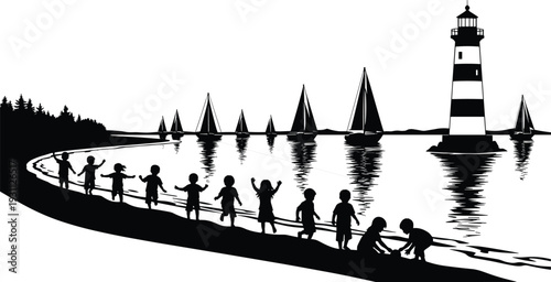 Black Silhouette of Children Playing on Beach with Lighthouse, Sailboats on Ocean Water, Summer Vacation Coastline, Maritime Nautical Landscape Illustration