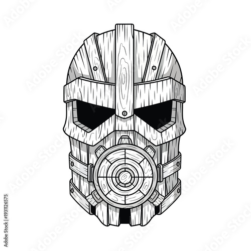 Wooden Futuristic Warrior Mask Illustration - Rustic Steampunk Tribal Design
