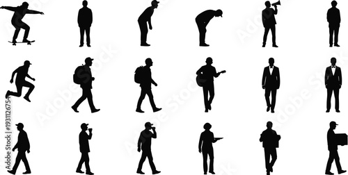 Black Silhouette Collection of Diverse People in Action, Skateboarder, Travelers with Backpacks, Business Professionals, Musicians, Waiters, and Delivery Workers Set