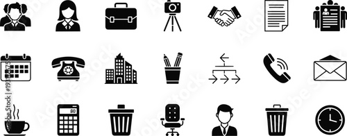 Business and office management black icons set, corporate communication workplace tools vector collection isolated on white background