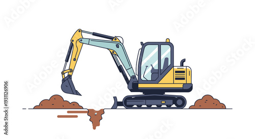Yellow excavator digging a hole, construction machinery on white background