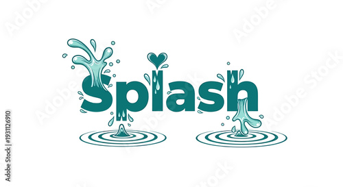 Teal splash word with water drops and ripples on transparent background
