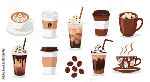 Various coffee drinks and cups on white background with coffee beans
