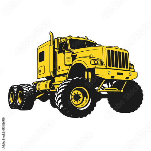 Yellow monster truck semi-trailer tractor, heavy duty vehicle, off-road transportation