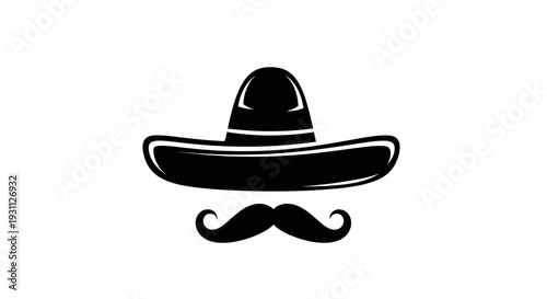 Black Sombrero Hat and Mustache Icon on White Background