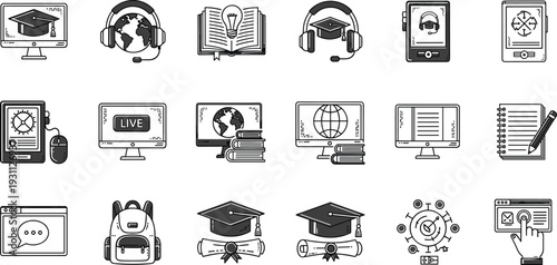 Online education and e learning solid icons set, digital course graduation training vector collection isolated background