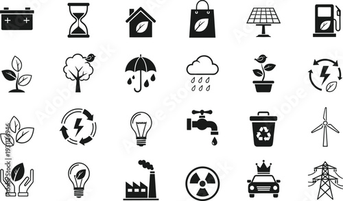 Renewable energy and ecology black glyph icons set, sustainability environment power recycling green technology vector collection isolated background