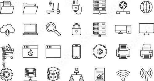 Web hosting and cloud computing line icons set, network security server storage technology vector collection isolated background