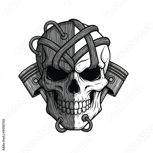 Industrial Grayscale Skull with Engine Pistons and Cables. Biker & Mechanic Art Illustration.