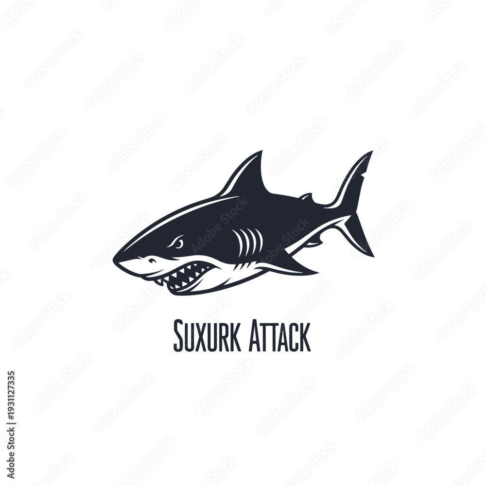 Obraz premium Aggressive black and white shark illustration with open mouth and sharp teeth