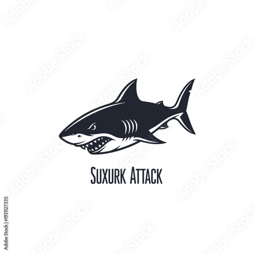 Aggressive black and white shark illustration with open mouth and sharp teeth