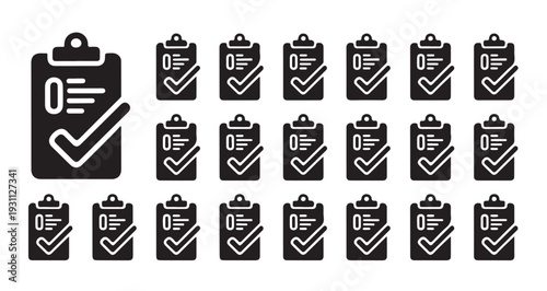 Clipboard checklist icons set with check marks for survey completion and business document