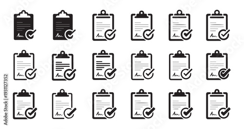 Signed document icons on clipboard for legal agreement and official contract authorization