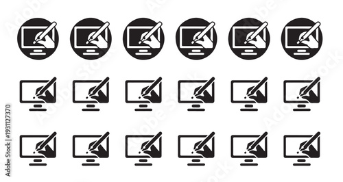 Creative pen tool design icons set with monitor, drawing hand and signature on screen