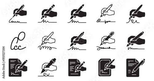Set of signature and writing icons with pen and paper, illustrating content creation