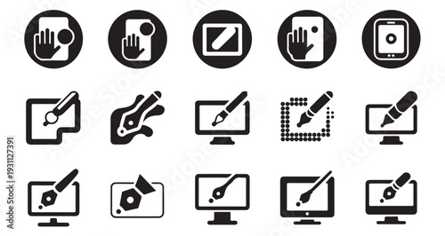 Digital drawing and signature icons on touchscreens and computers collection