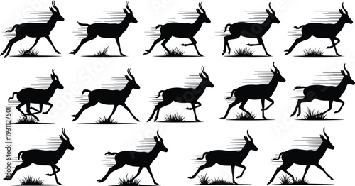 Running antelope silhouette set featuring fast gazelle movement wildlife animation sequence isolated on white background black vector illustration collection