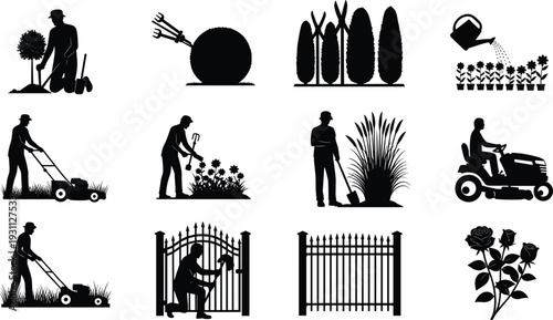 Gardening and landscaping silhouette set featuring gardener mowing lawn trimming plants watering flowers installing fence and outdoor yard maintenance icons isolated on white background