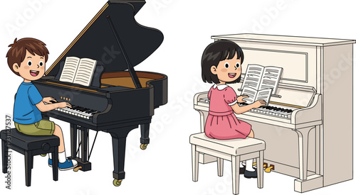 Cartoon Illustration of Boy Playing Grand Piano and Girl Playing Upright Piano, Young Musicians Practicing Music, Education, Art, Talent Concept