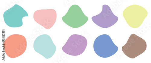  Collection of abstract organic blob shapes in a muted pastel color palette. Creating a modern minimalist design element for backgrounds and poster design.