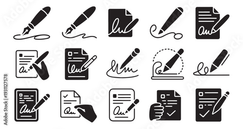 Electronic signature and document contract signing with fountain pen on digital paper icons
