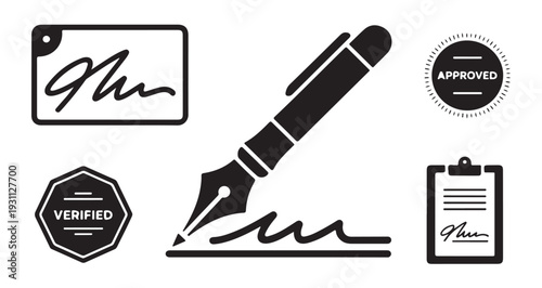 Approved and verified certification stamps with fountain pen signing a contract illustration