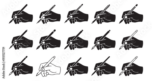Set of black and white icons illustrating various hand gestures holding different writing tools