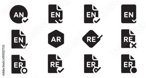Set of document icons with language abbreviations and check marks or crosses for status