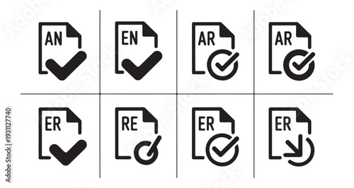 Document approval icons with language codes and checkmarks, verification symbols, authorized status