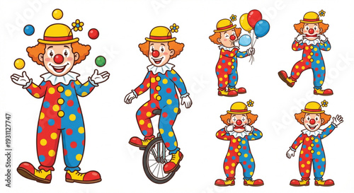 Set of playful circus clowns performing various fun acts, entertaining with juggling, unicycling, and balloons