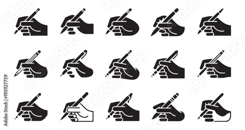 Hands holding pens and writing icons, diverse grip styles, creating art and documents, penmanship skills