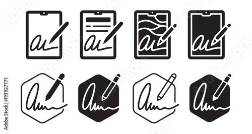 Handwritten signature icons on tablet and hexagon badge background for electronic approvals