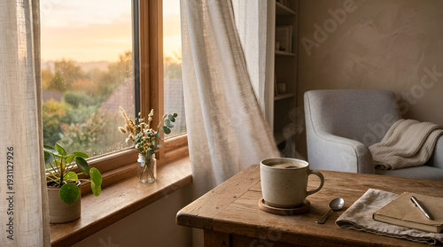 Coffee and Journal on Wooden Desk by Window with Dried Flowers