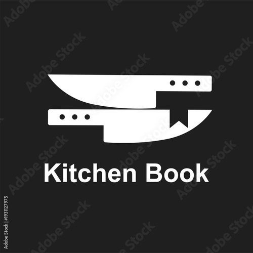 Kitchen Book Logo with Overlapping Knives Forming a Recipe Book and Bookmark Icon