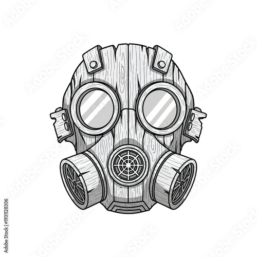 Post-Apocalyptic Wooden Gas Mask Illustration with Goggles and Filters - Survival, Steampunk, Biohazard Concept Art in Grayscale