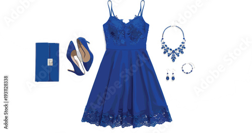 Elegant Royal Blue Women's Evening Outfit with Lace Cocktail Dress, Matching High Heels, Clutch Purse, and Luxury Sapphire Jewelry Set for Formal Occasions and Prom