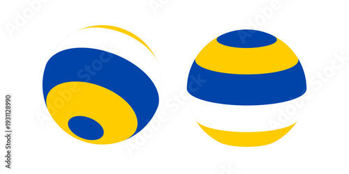 Close up of two volleyball balls, one with a yellow stripe and the other with a blue stripe. Suitable for sports and summer themed designs.