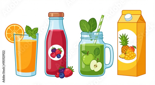 Refreshing and vibrant collection of healthy fruit juices, vegetable smoothies, and berry drinks, showcasing a delicious assortment of natural beverages