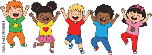 Vector illustration of happy diverse children jumping for joy and laughing with arms raised representing childhood friendship education happiness and elementary school kids fun