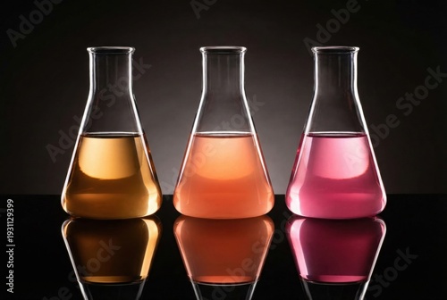 Three Erlenmeyer flasks with colorful liquids on black background