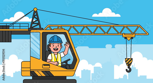 Cartoon Crane Operator Waving in Cab.