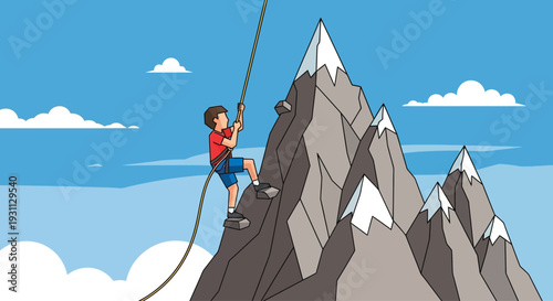 Climber Ascending Mountain Peak with Rope.
