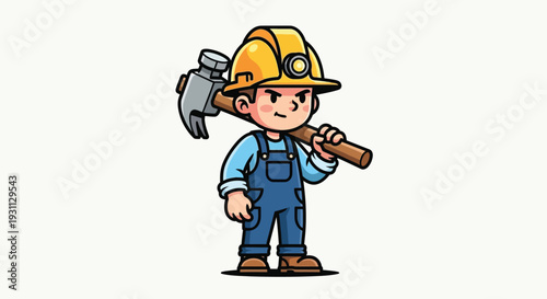 Cartoon Miner with Pickaxe and Hard Hat.