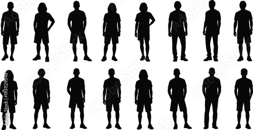 Male standing silhouette collection featuring diverse poses casual outfits isolated on white background vector illustration set