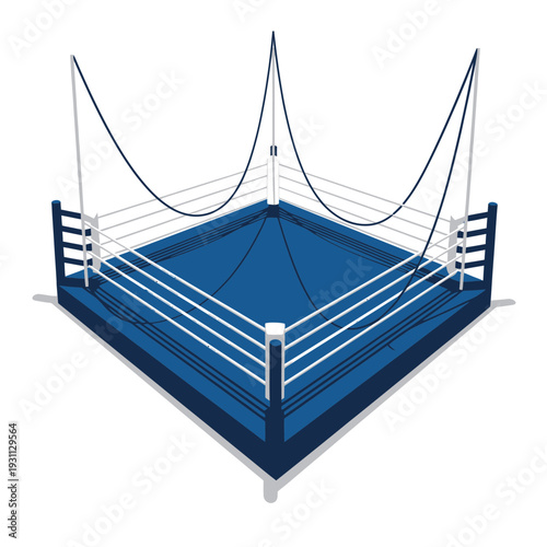 Empty Blue Boxing Ring with White Ropes and Posts, Isometric View
